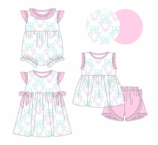 1.3 custom each style moq 5eta 4-6week Sibling Sister bow floral baby girl short sleeve shorts sets and dresses and romper match design