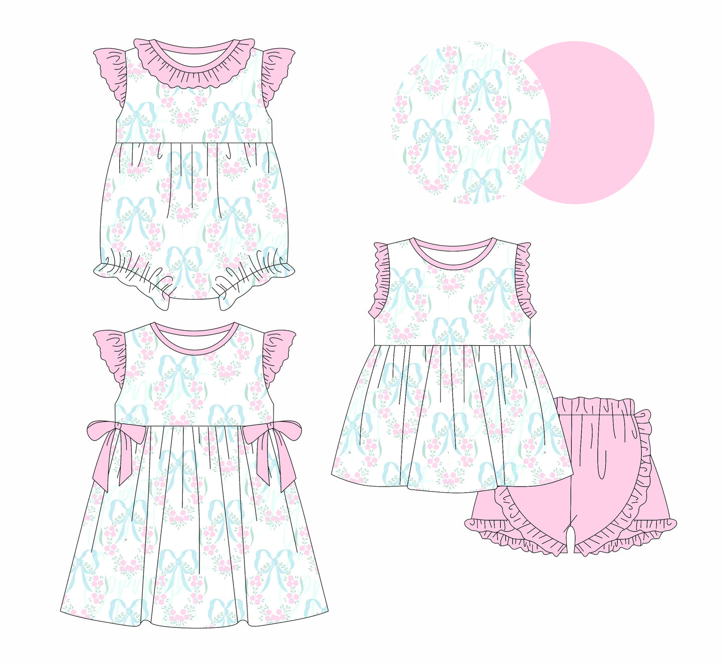 1.3 custom each style moq 5eta 4-6week Sibling Sister bow floral baby girl short sleeve shorts sets and dresses and romper match design