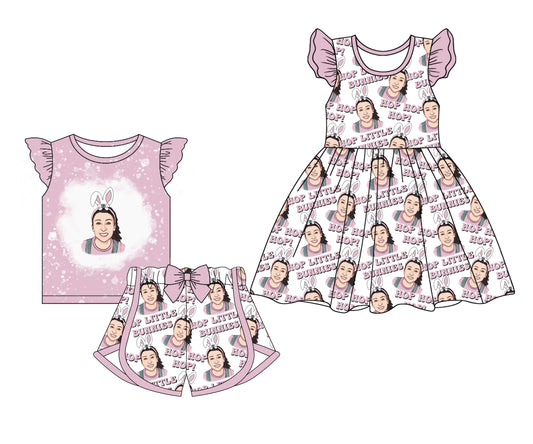 1.14 custom each style moq 5eta 4-6week Sibling Sister easter baby girl short sleeve shorts sets and dresses match design