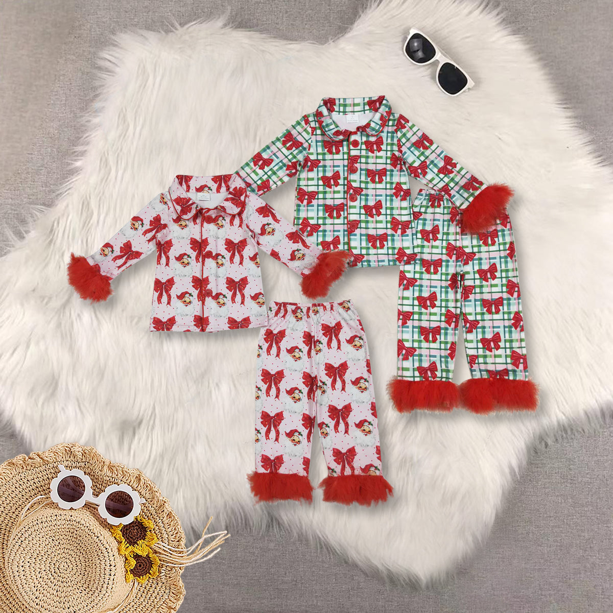 RTS NO MOQ Sibling Baby Girls clothes Christmas Plush Button Long Sleeve Long Pants Pajama Sets
