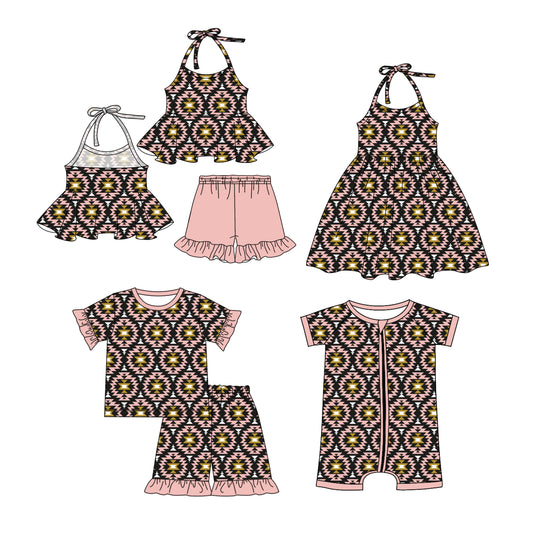 1.4 custom each style moq 5eta 4-6week Sibling Sistes baby girl short sleeve shorts sets and dress and rompers match family design