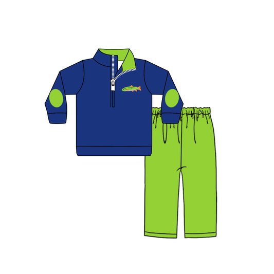 9.25 custom each style moq 5eta 4-6week baby boys clothes fish dark blue and green long sleeve pants sets