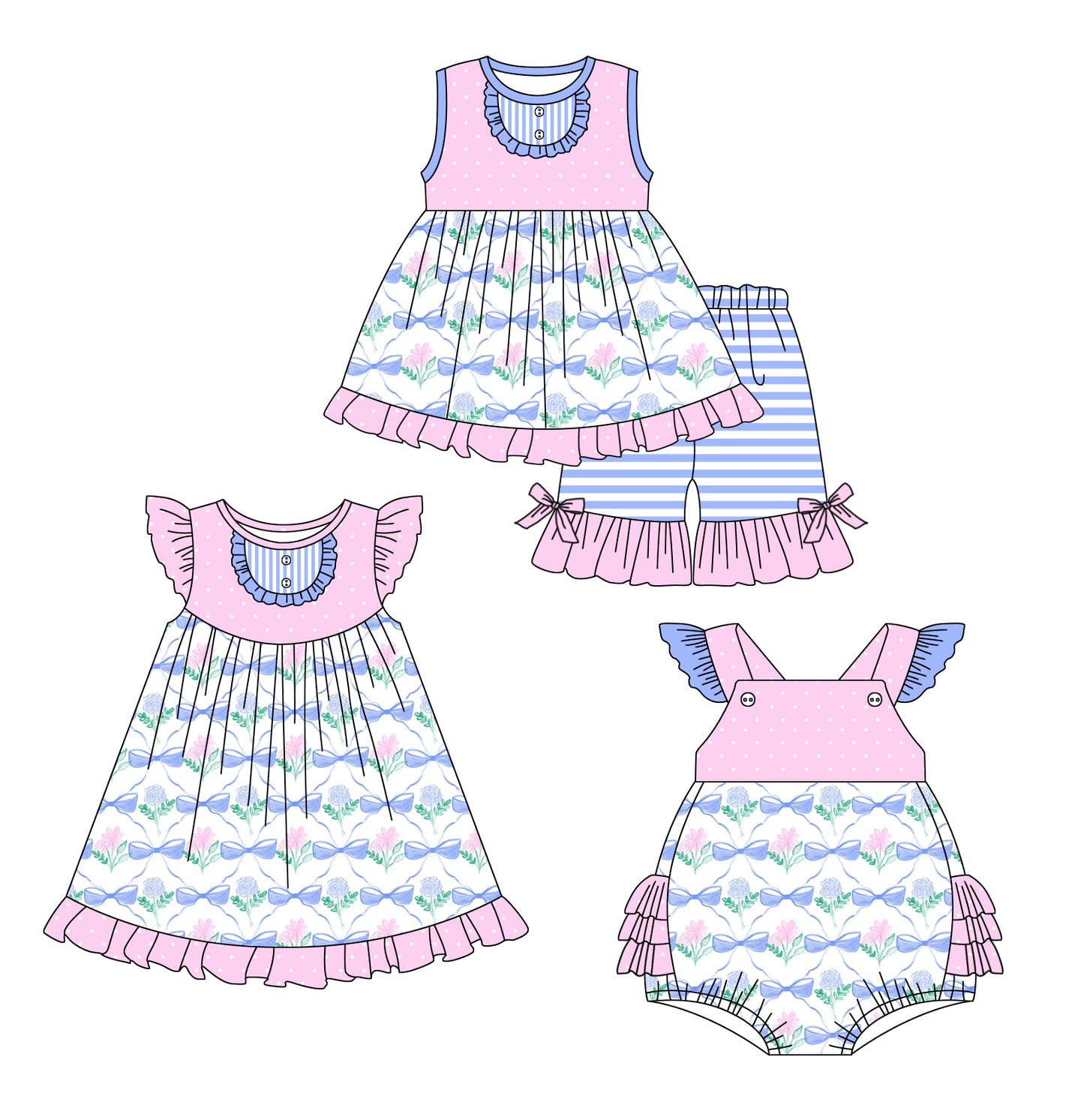 1.21 custom each style moq 5eta 4-6week Sibling Sisters bow baby girl short sleeve shorts sets and dress and rompers match family design