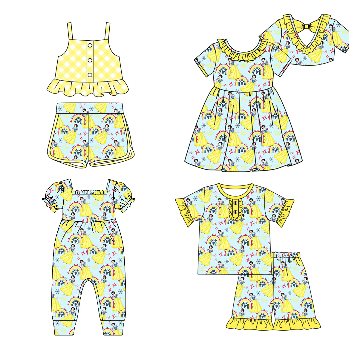 1.16 custom each style moq 5eta 4-6week Sibling Sister disney princess baby girl short sleeve shorts sets and sets 2 and boy romper and dress match design