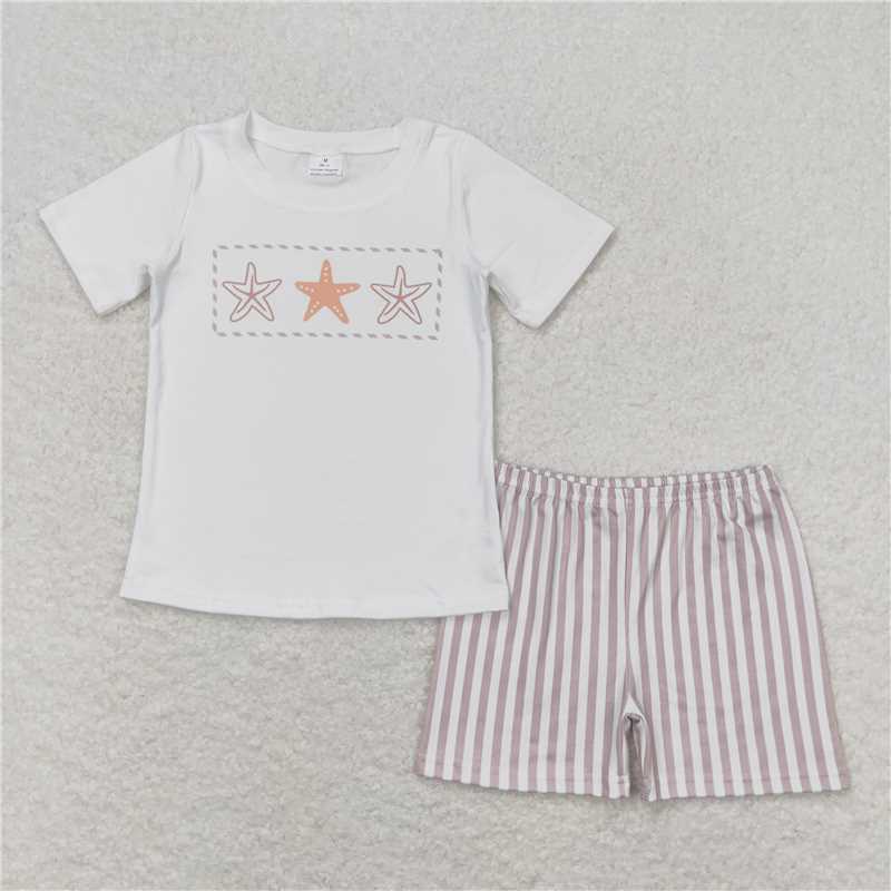 Baby Girls boys starfish prints brown plaid white boys and girls outfits Family siblings set