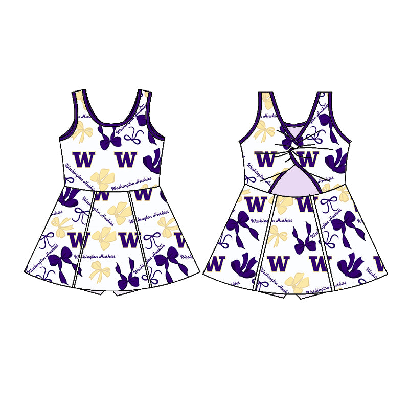 Custom moq 5 mix sizes summer teams baby girls clothes team purple short sleeve skirts shorts sets dress 1 and dress 2 and dress 3 and dress 4-25.5.26