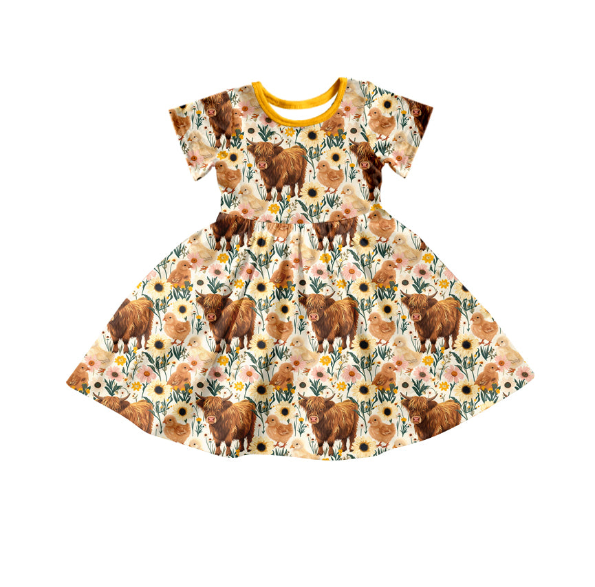 5.12custom each style moq 5eta 4-5week Sibling Sister cow flower prints yellow girls and boys outfits and baby romper and blanket match family design