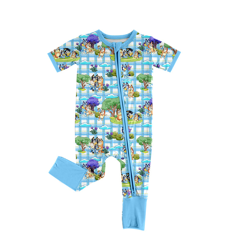 5.1（1）custom each style moq 5eta 4-5week Sibling Sister cartoon character prints blue plaid boys and girls outfit and baby romper match family design