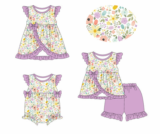 1.13 custom each style moq 5eta 4-6week Sibling Sisters floral baby girl short sleeve shorts sets and dress and rompers match family design