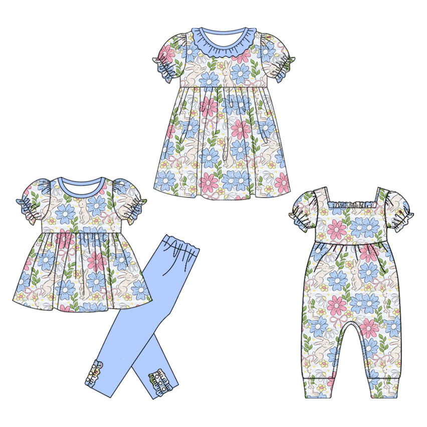 25.11.28 custom each style moq 5 eta 6-8week Sibling Sisters bunny floral baby girl short sleeve pants sets and dress and rompers match family design