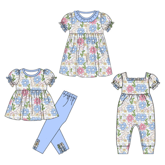 25.11.28 custom each style moq 5 eta 6-8week Sibling Sisters bunny floral baby girl short sleeve pants sets and dress and rompers match family design