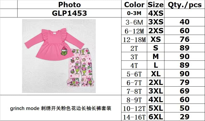 rts no moq GLP1453 Grinch mode embroidery switch pink lace long-sleeved trousers set