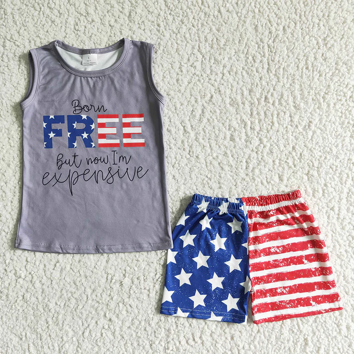 RTS NO MOQ Baby Girl Short Sleeve USA Top Pants shorts Set