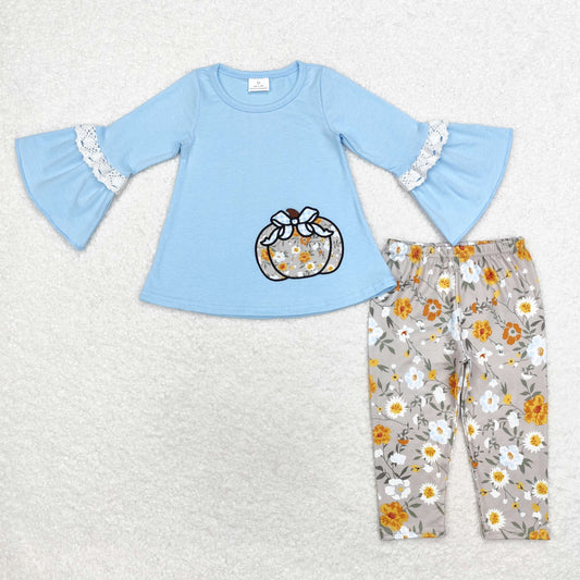 rts no moq GLP1639 Embroidered bow pumpkin flower blue lace long sleeve trousers set