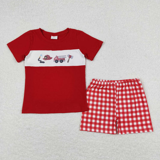 RTS NO MOQ（In Stock) Fire engine red short sleeve plaid shorts suit