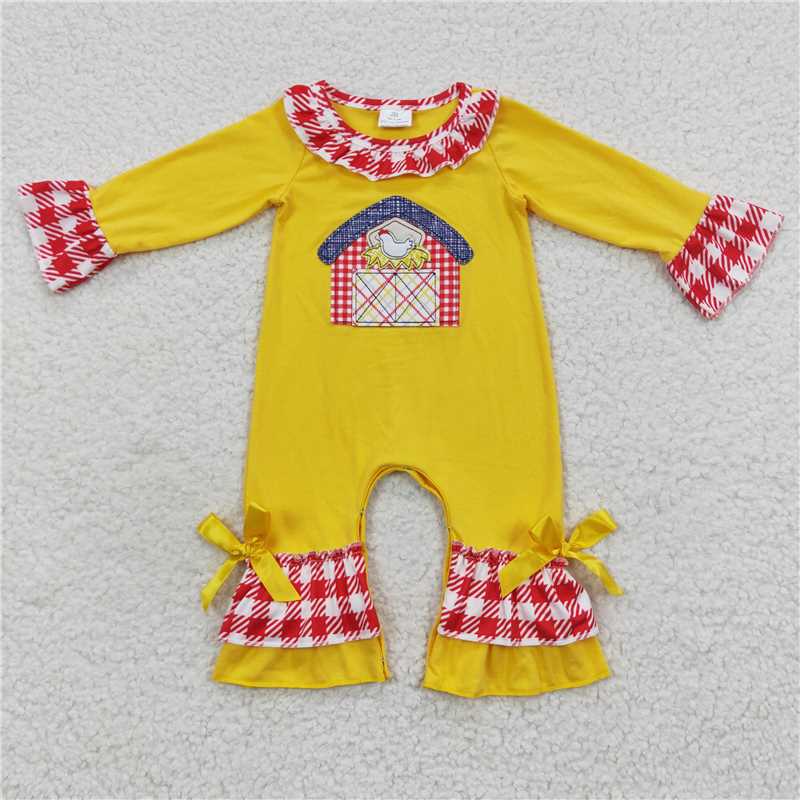 RTS NO MOQ（In Stock) LR0383 Baby Girl clothes long sleeve bodysuit with embroidered farm