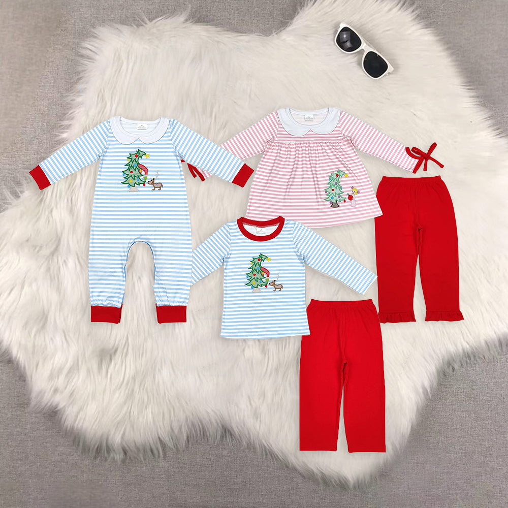 RTS NO MOQ Sibling Baby boys girls Christmas embroidery trees long-sleeved trousers suit & romper
