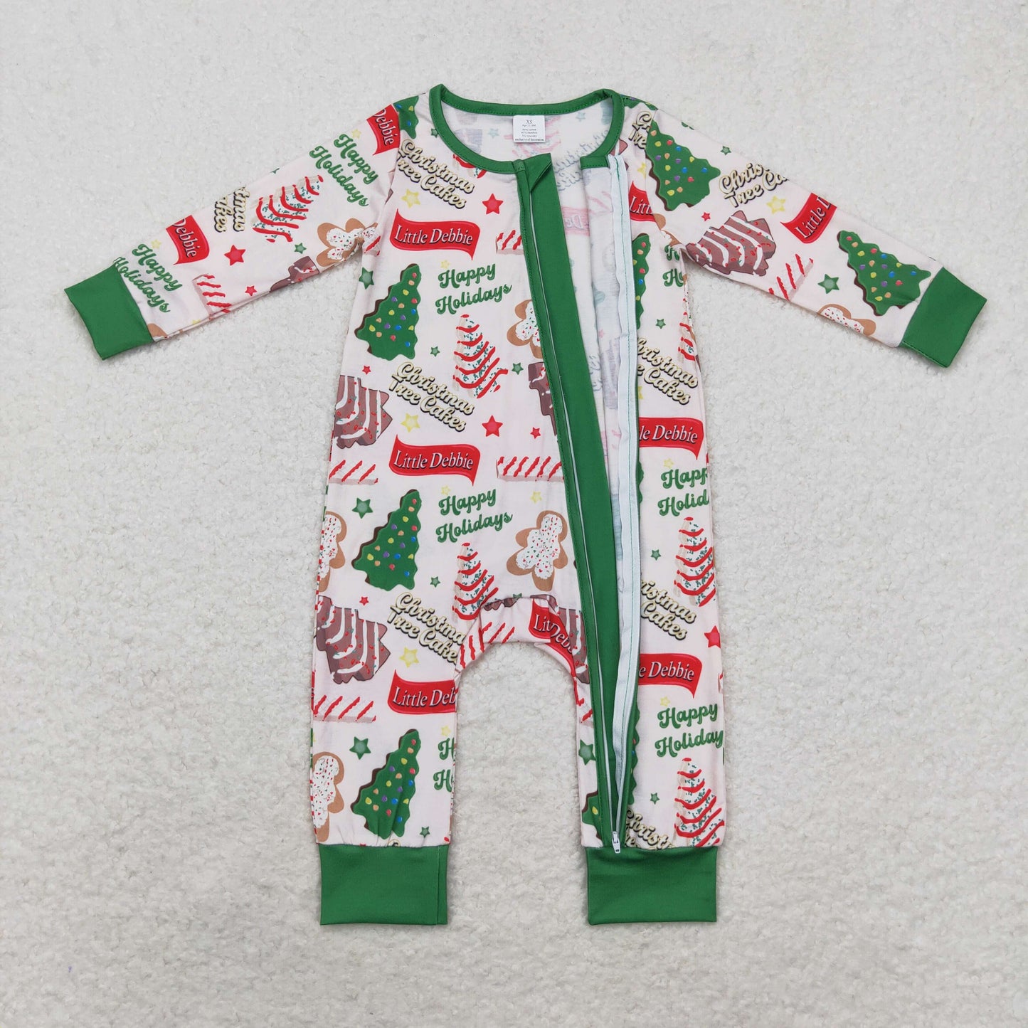 bamboo rts no moq LR1057 Happy holidays Modal Christmas tree biscuit zipper long-sleeved jumpsuit