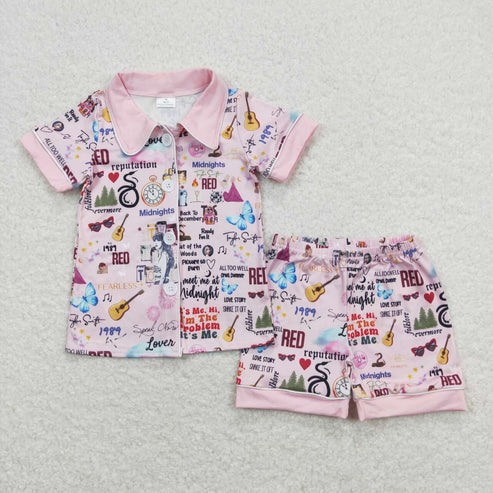 RTS NO MOQ Adult Girls Button Taylor swift Short Sleeve Shorts Pajama Set & kids shorts sets