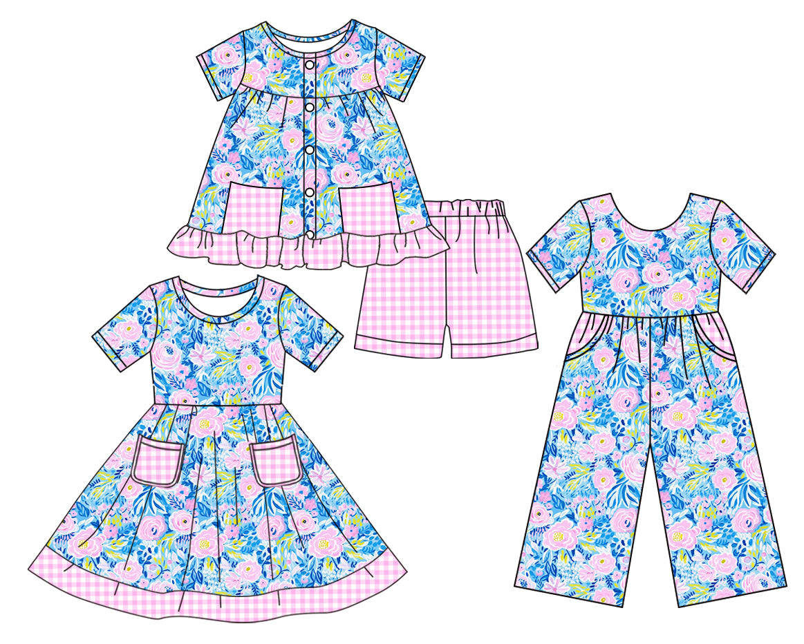 3.17 custom each style moq 5eta 4-6week Sibling Sister floral baby girl short sleeve shorts sets and dresses and jumpsuit match design