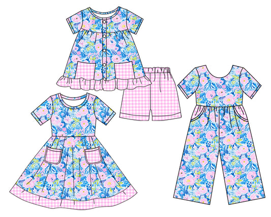 3.17 custom each style moq 5eta 4-6week Sibling Sister floral baby girl short sleeve shorts sets and dresses and jumpsuit match design