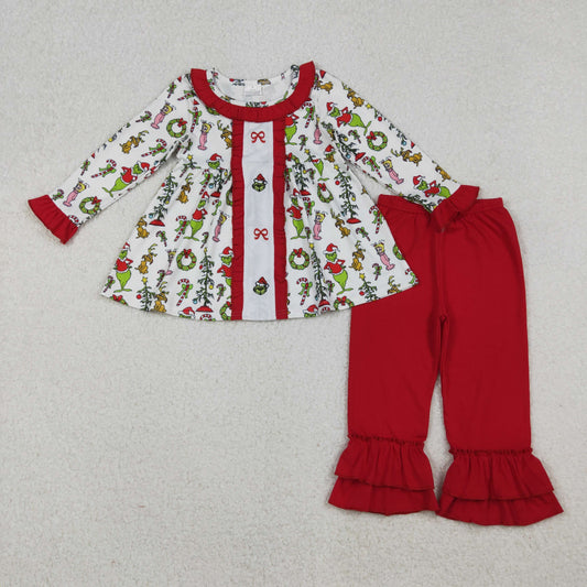 RTS NO MOQ（In Stock) GLP2812 White long-sleeved trouser set with embroidered cartoon bow pattern and wreath and red lace