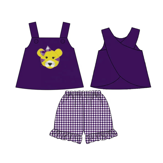 Custom moq 3 eta 7/8week moq 5 eta /4/5week Bow Leopard Head Purple Suspender Top & Plaid Shorts Set