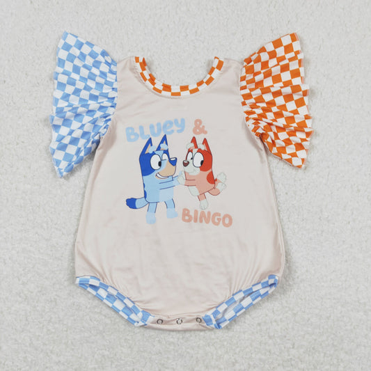 SR1098 bluey blue orange plaid beige short-sleeved jumpsuit