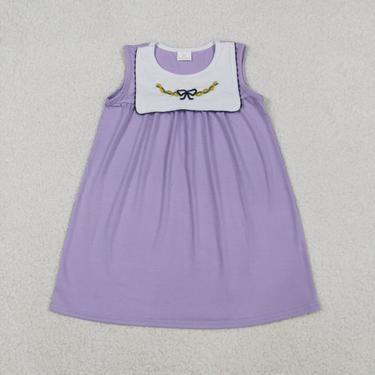 RTS NO MOQ（In Stock ) GSD2832 Embroidered Carnival Bow Pattern Purple Sleeveless Dress