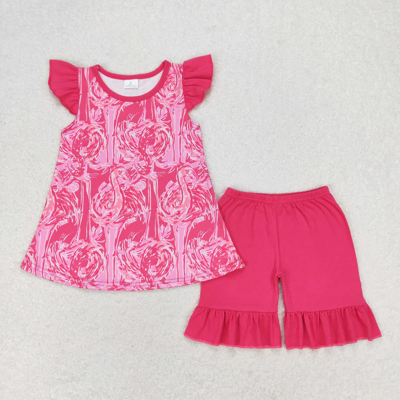 RTS NO MOQ Baby Girl Summer Pattern Short Sleeve Shorts Sets