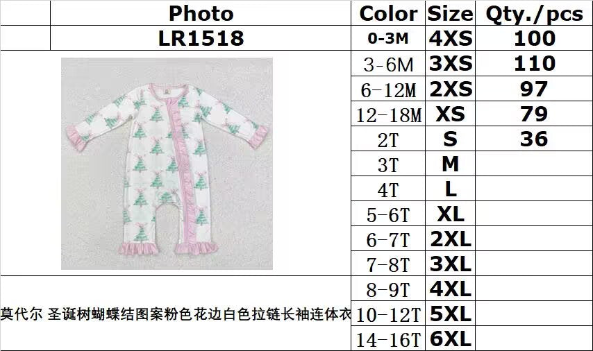 BAMBOO RTS NO MOQ ETA 5/7days LR1518 Modal Christmas tree bow pattern pink lace white zipper long sleeve jumpsuit