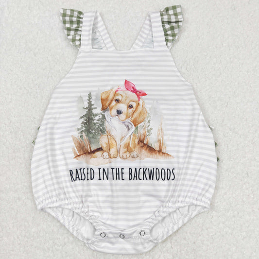 SR0658 raised in the backwoods puppy striped green plaid lace vest bodysuit