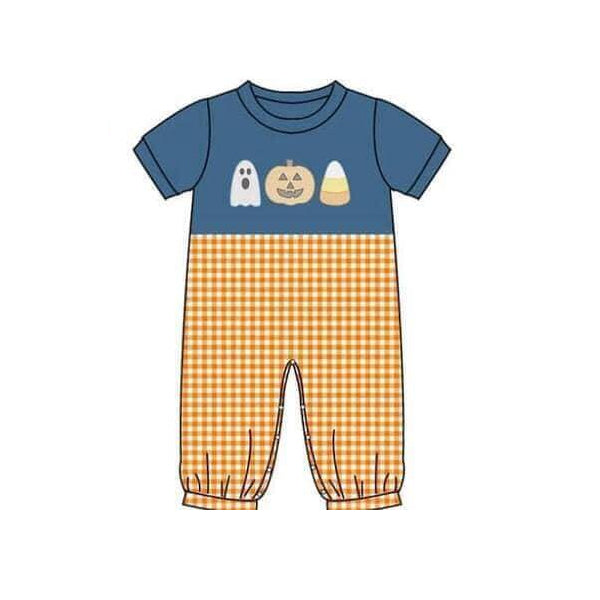 5.15custom each style moq 5eta 4-5week Sibling Sister Halloween ghost pumpkin prints orange plaid blue girls and boys outfits and baby romper and dress match family design