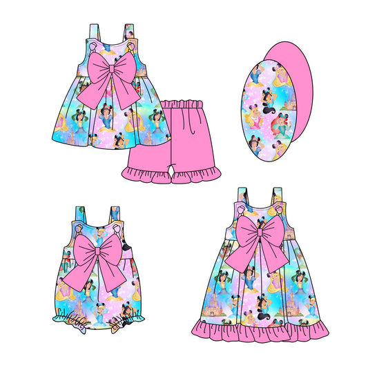 1.14 custom each style moq 5eta 4-6week Sibling Sisters disney princess baby girl short sleeve shorts sets and dress and rompers match family design