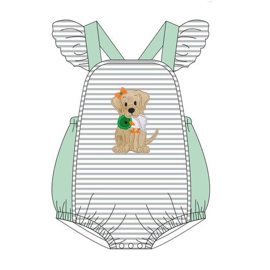 5.16custom each style moq 5eta 4-5week Sibling Sister dog print gray strips green girls and boys outfits and baby romper and dress match family design