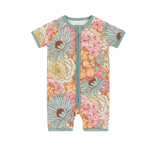 5.16custom each style moq 5eta 4-5week Sibling Sister flower print green boys outfits and baby romper match family design