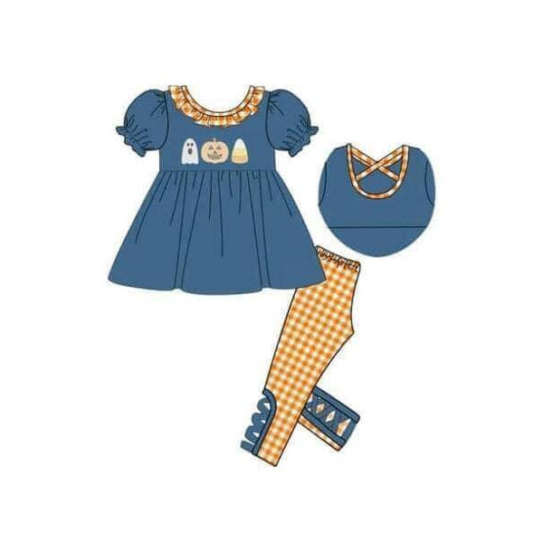 5.15custom each style moq 5eta 4-5week Sibling Sister Halloween ghost pumpkin prints orange plaid blue girls and boys outfits and baby romper and dress match family design