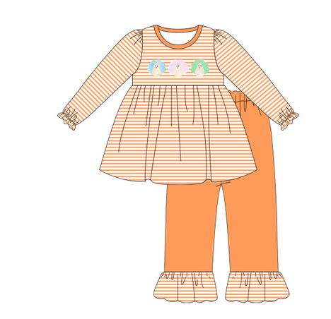 5.10custom each style moq 5eta 4-5week Sibling Sister three peacocks prints orange stripes girls and boys outfits and baby romper match family design