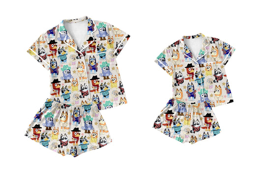 1.15 custom each style moq 5eta 4-6week Sibling Sister cartoon dog short sleeve shorts sets and adult sets match design