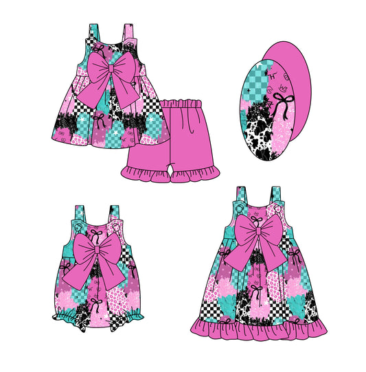 1.20 custom each style moq 5eta 4-6week Sibling Sisters bow baby girl short sleeve shorts sets and dress and rompers match family design