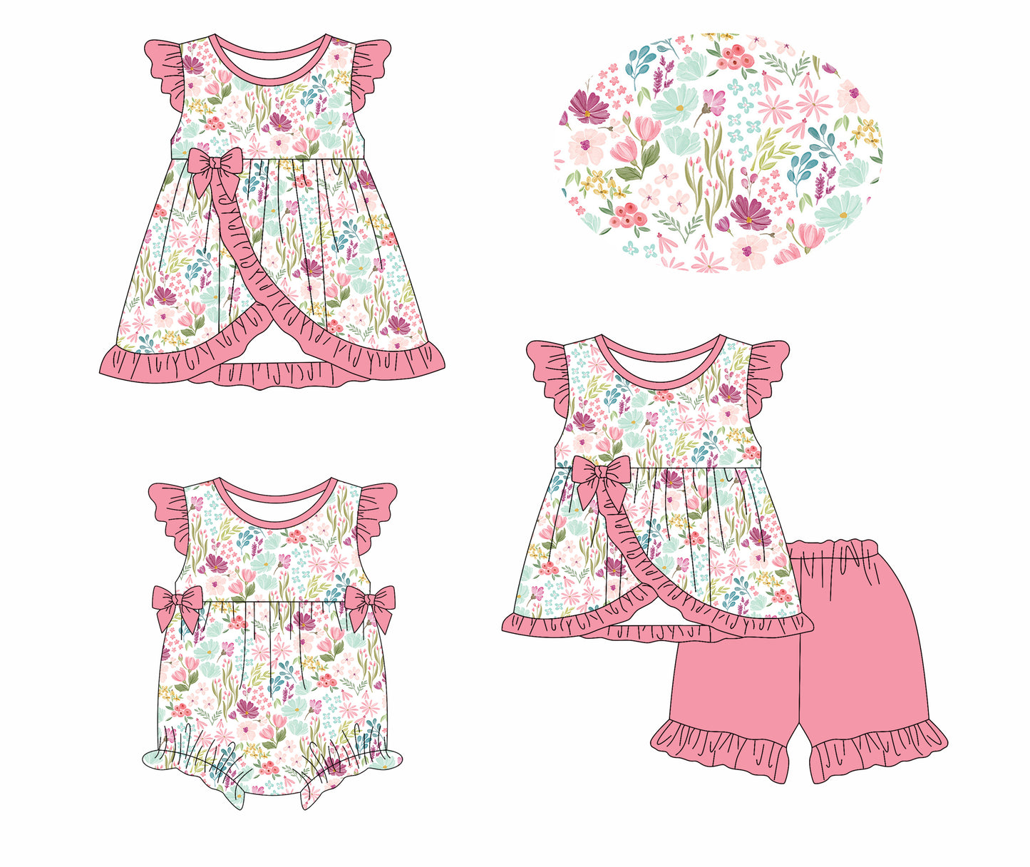 1.13 custom each style moq 5eta 4-6week Sibling Sisters floral baby girl short sleeve shorts sets and dress and rompers match family design