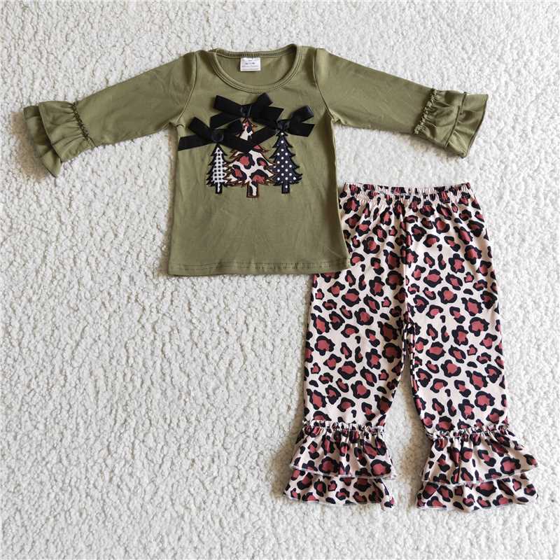 Baby Girls boys Forest print with leopard print print green Family siblings set