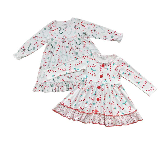 Baby Girls Christmas style candy canes prints white dress Family siblings set