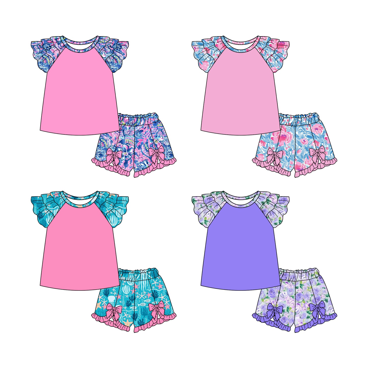 2.13 custom each style moq 5eta 4-6week Sibling Sister baby girls short sleeve shorts sets and set 2 match design