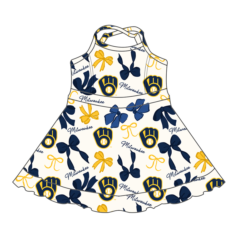Custom moq 5 mix sizes summer teams baby girls clothes team blue short sleeve skirts shorts sets dress 1 and dress 2 and dress 3 and dress 4-25.5.21