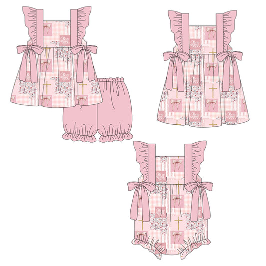 26.1.3 custom each style moq 5 eta 6-8week Sibling Sister easter floral baby short sleeve shorts sets and romper and dress match design