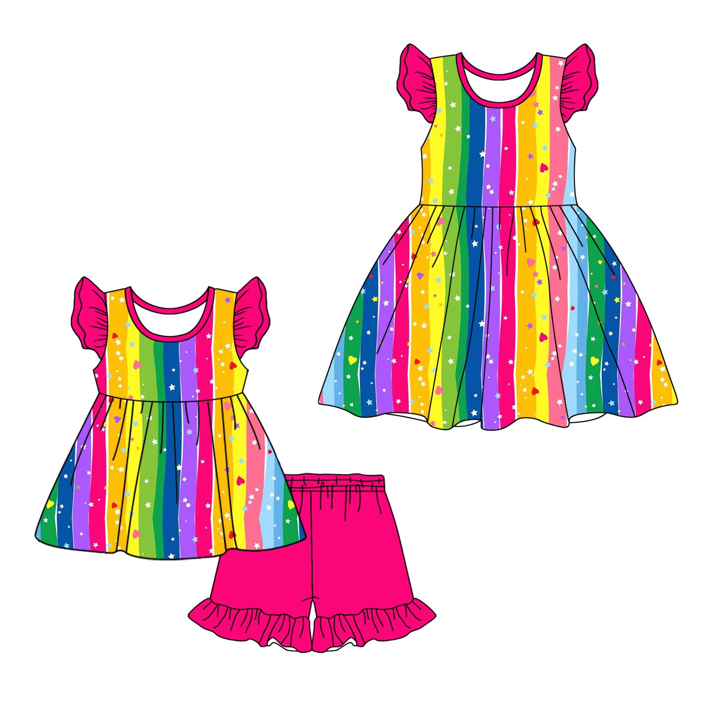 1.11 custom each style moq 5eta 4-6week Sibling Sister colorful love baby girl short sleeve shorts sets and dresses match design