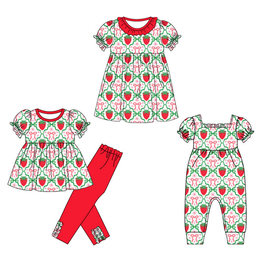 25.11.28 custom each style moq 5 eta 6-8week Sibling Sisters strawberry bow baby girl short sleeve pants sets and dress and rompers match family design