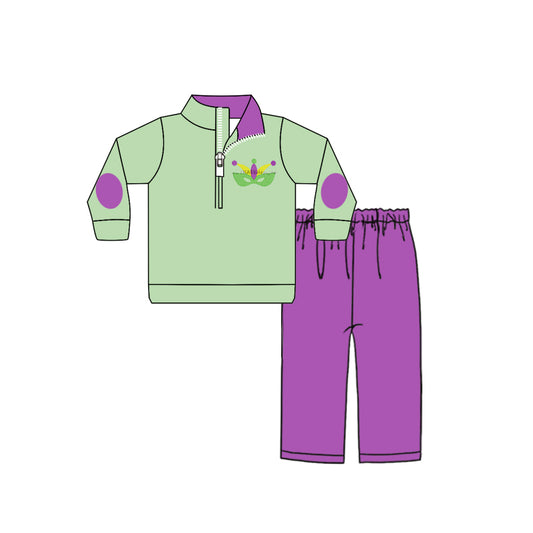 9.27 custom each style moq 5eta 4-6week baby boys clothes Mardi gras green and purple long sleeve pants sets