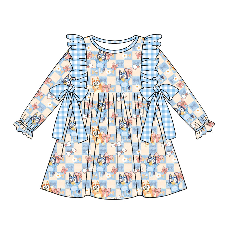 5.7custom each style moq 5eta 4-5week Sibling Sister Western style cartoon character prints blue girls outfits and baby romper and dress match family design